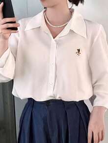 Weiße Bluse in Große Größen mit gestickten Details, vintage eleganter Stil Langarm Knopfleiste Bluse in Große Größen - Weiss - Übersicht 3