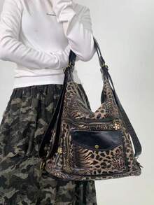 Y2K Retro Women's Leopard Print Shoulder Bag, Large Capacity Multi Pocket Street Crossbody Bag, Multifunctional Convertible Backpack - Black - View 5