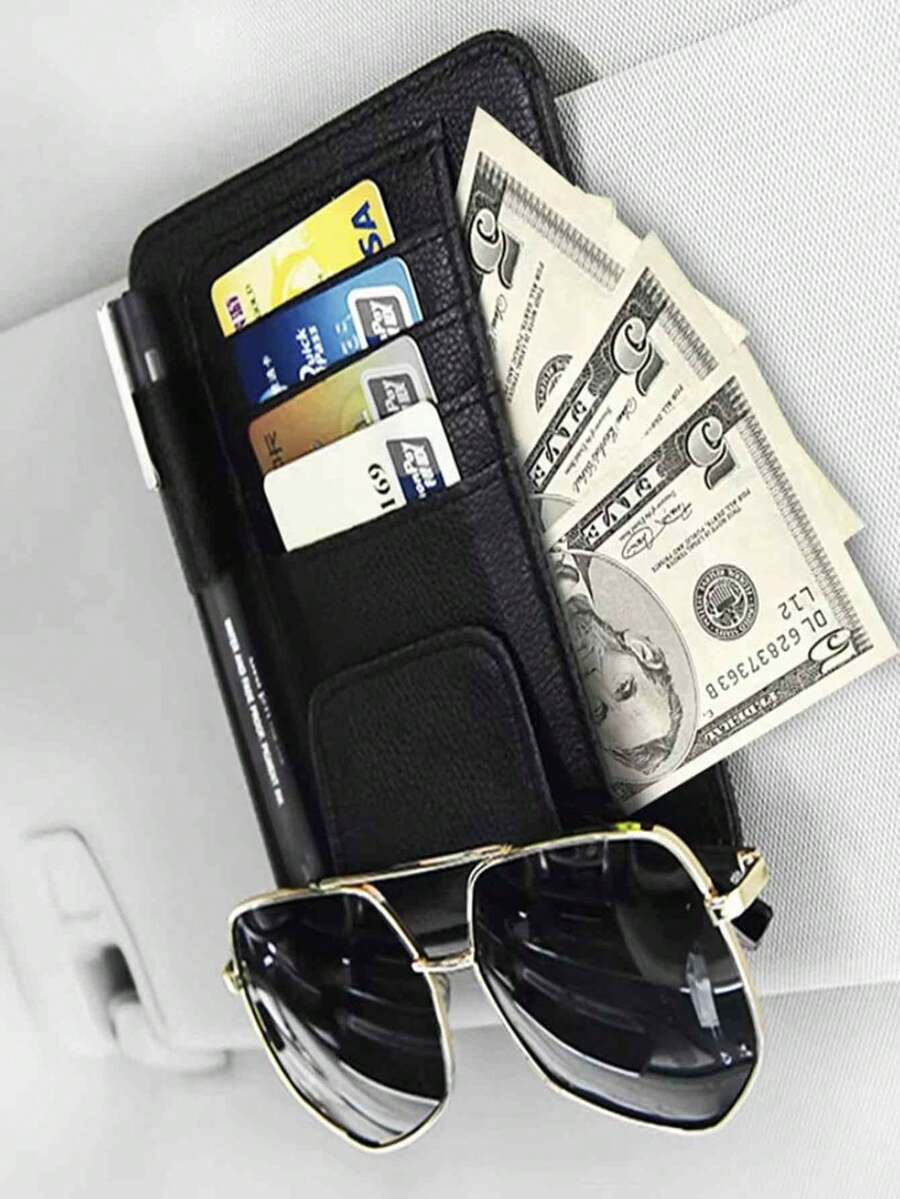 汽车遮阳板PU皮革眼镜夹，汽车名片夹，汽车卡夹钱包笔筒，汽车太阳镜收纳整理器 - A - 查看 1