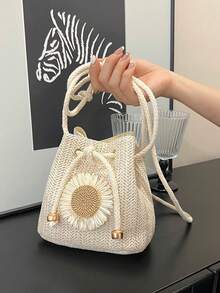 Sunflower Fashion New Shoulder Crossbody Bag Handbag Commuter Bag Drawstring Bucket Bag Minimalist Stylish Sunflower Shoulder Bag - Beige - View 3