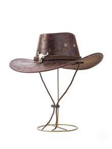 1pc Unisex Solid Color PU Leather Cowboy Hat, Unique Shiny 3D Steer Head Design With Leather & Metal Wide Belt Decor, Wide Brim Sun Protection Hat, Adjustable Strap, Cyberpunk Stylish Punk Retro Vibe, Suitable For Parties, Western Themed Events, Cosplay, Street Style Looks, Gifts For Men - Silver Bull Cowboy Hat - View 13