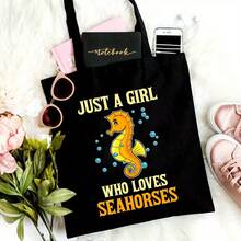 Large Capacity Stylish Seahorse Pattern Canvas Tote Bag - Durable Shoulder Handbag, Perfect Gift For Ocean Enthusiasts - Black - View 4