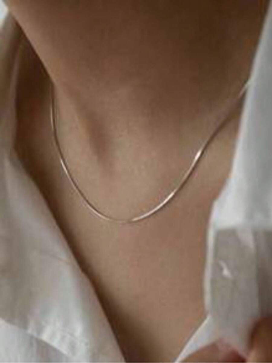 1pc Minimalist Elegant Silver Snake Bone Chain Necklace, Unisex Stainless Steel Delicate Choker Necklace, Versatile Simple Chain
