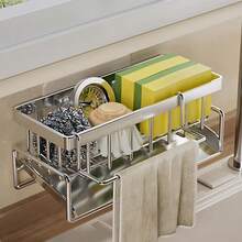 1pc Heavy-Duty Stainless Steel Kitchen Sink Sponge Holder With Tilted Auto-Drain Tray & Dishcloth Hanging Bar - Multipurpose Countertop Organizer For Soap, Brush & Accessories,Neat & Clean Countertop Storage For Kitchen & Bathroom - 黑銀色 - 查看 6