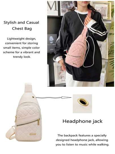 Versatile And Stylish Quilted Checkered Women's Crossbody/Chest Bag Features A New Multi-Layered Embroidered Design And A Large Capacity. Ideal For Outdoor Casual Wear, It Includes A Specially Designed Headphone Jack At The Top For Listening To Music While Walking. Breathable And Water-Resistant, It's Perfect For Daily Commutes And Outdoor Activities.