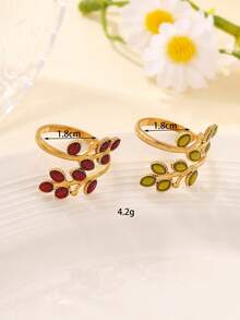 1 Stück Edelstahl Mode minimalistischer kreativer roter & grüner Öltropfen Blatt offener Ring, geeignet für den täglichen Gebrauch von Frauen oder als Geschenk - Goldgelb - Übersicht 8