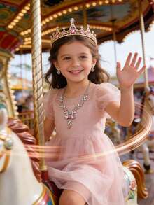 3件套粉色皇冠首饰套装，包含1个皇冠、1条项链和1副耳环，时尚配饰，镶嵌水钻，花朵项链和耳环，适合女孩在派对上佩戴 - 彩色 - 查看 3