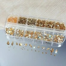 12格12色多形状平底3D美甲水钻，玻璃矿物朋克风金色水晶饰品工具套装，DIY工艺，面部，服装，美甲装饰，美甲饰品，美甲宝石，美甲用品，美甲 - 彩色 - 查看 14