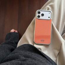 简约韩版橙色条纹手机壳,兼容 17 Pro Max、16 Pro Max、15 Pro、14、13,可爱时尚的手机保护套 - 亮橙色 - 查看 3