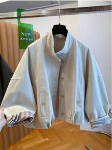 2025 New Arrival Loose Casual Striped Lining Stand Collar Short Windbreaker Jacket For Women, European And British Style