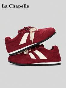 1 Pair La Chapelle Women's Thick Sole Lace-Up Soft Bottom Casual Shoes, Low-Top Outdoor Flat Shoes For Summer, Round Toe Low Heel Non-Slip Solid Color Elegant Soft Bottom Hiking Suitable For Students Graduation Photos Flat Shoes, Women Low-Top Leather Sports Skateboard Shoes - Red - View 2