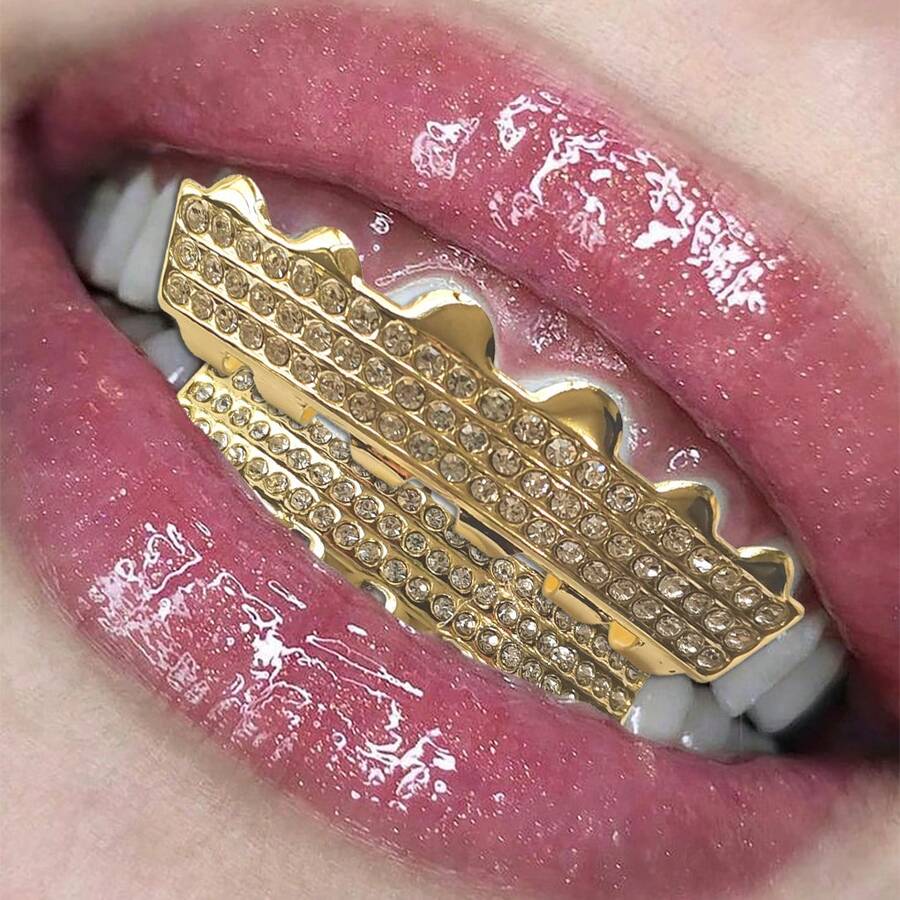 1 Set Rhinestone Teeth Grillz, 3-Row 6-Teeth Upper & Lower Dental Grills, Unisex Everyday, Festival, Party Accessory