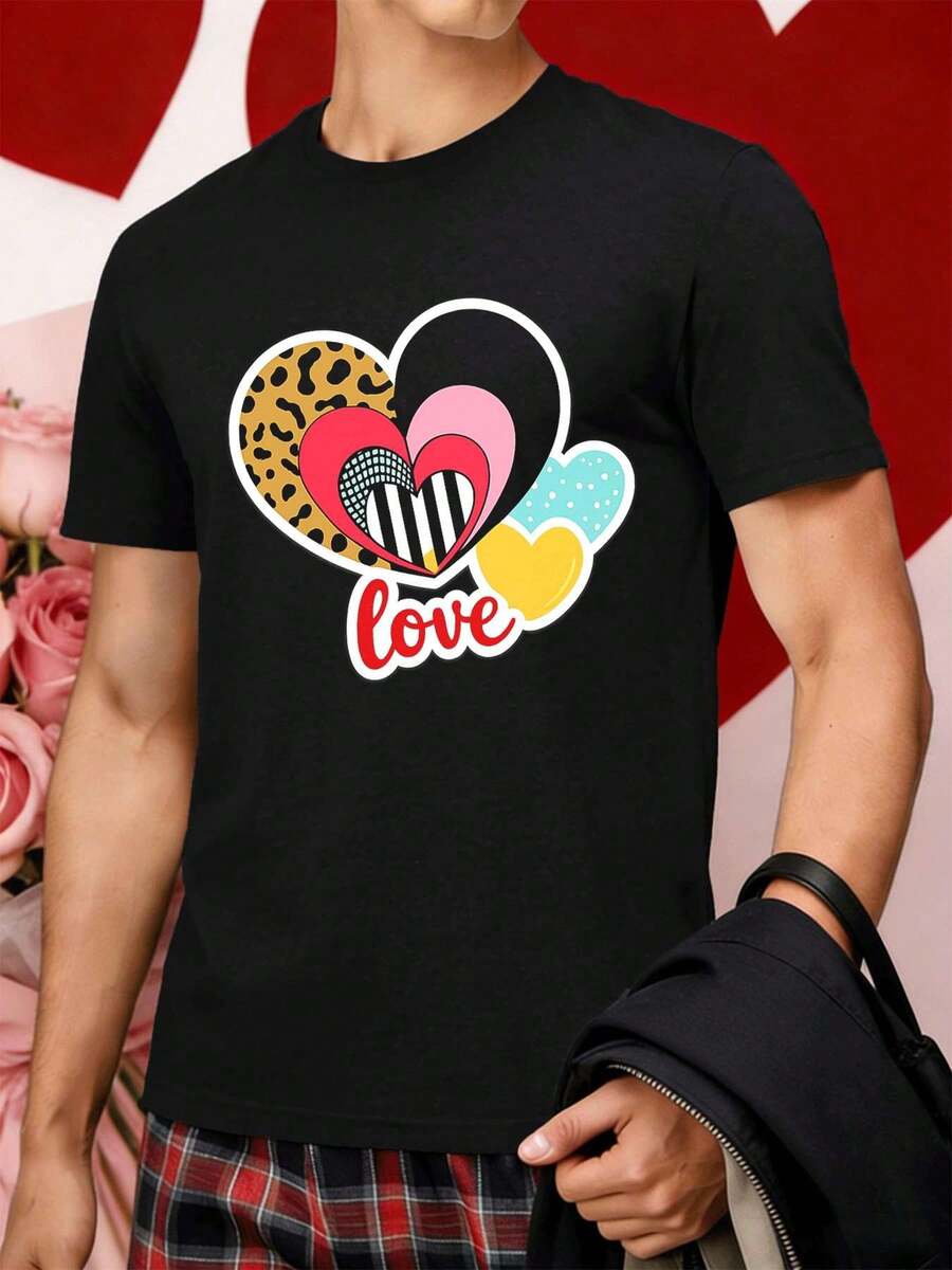 Black T-shirt with Love Heart graphic print, quality fabric, crew neck, relaxed fit, comfortable, street hip-hop - Preto - Ver 1