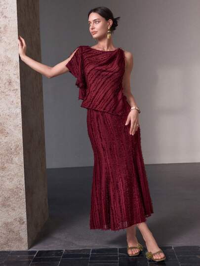 Sollinarry 女士新款时尚两件套连衣裙，酒红色，包含吊带上衣和条纹中长裙，适合约会和派对穿着