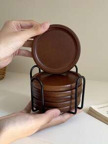 1 Set/6pcs Wooden Coasters With Holder Rack, Heat Insulation Non-Slip Cup Mat, Simple Wooden Coasters, Black & Gold Cup Coaster Holder, Suitable For Modern Home Decor, Coffee Table Top Protection, Rustic Style Outdoor Coasters For Any Cups, Gift - Multicolor - View 10