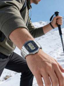 Casio Đồng hồ điện tử thời trang unisex, dây đeo thép không gỉ kiểu cổ điển, mặt vuông, tích hợp lịch, báo thức và bấm giờ, thiết kế chống nước, phù hợp để đeo hàng ngày. - đen xanh và trắng - Xem 3
