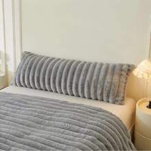 Fluffy Faux Rabbit Fur Body Pillow Cover, Cozy Plush Fuzzy Wide Striped 20x54 Body Pillowcase With Zipper, Home Drative Shaggy Furry Ribbed Bedroom Long Pillow Cover Bed Couch Sofa, Light Grey,39983369 - 淺灰色 - 查看 1