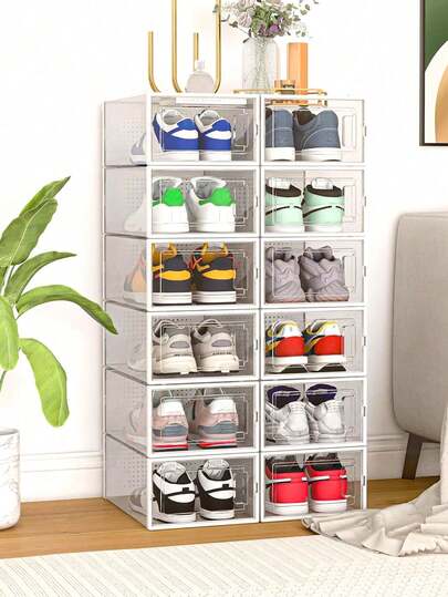 12 Pack Shoe Storage Bins, Clear Plastic Stackable Shoe Organizer For Closet, Space Saving Foldable Shoe Rack, Shoe Box Sneaker Holder Container, Black Frame
