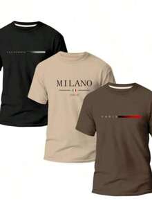 POLAR BEAR Set Of 3 Men's Cotton Streetwear T-Shirt Kit With COUNTRIES Print - 黑色-米色-棕色 - 查看 9