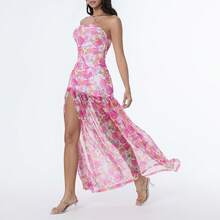 Women's Tube Top Dress Slim Strapless Backless Mesh Patchwork Tropical Leopard Print High Slit Long Dress for Party Club Night - Rosa - Ver 4