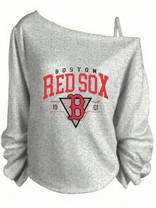 Casual Outfits For Women, Boston Red Sox Logo, Off The Shoulder Long Sleeve Sweatshirt, Sporty Style For Summer, Concert And Everyday Wear-Vacation Outfits Women, Beachwear, Resort Wear, Summer Tops - 灰色 - 查看 1