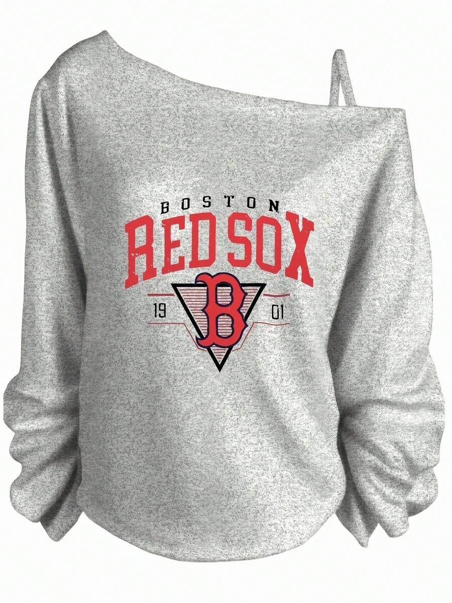 Casual Outfits For Women, Boston Red Sox Logo, Off The Shoulder Long Sleeve Sweatshirt, Sporty Style For Summer, Concert And Everyday Wear-Vacation Outfits Women, Beachwear, Resort Wear, Summer Tops - 灰色 - 查看 1