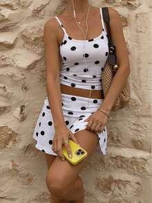 Bộ đồ đi biển dành cho nữ, gồm áo hai dây in chấm bi và chân váy midi xếp ly eo. - trắng - Xem 5