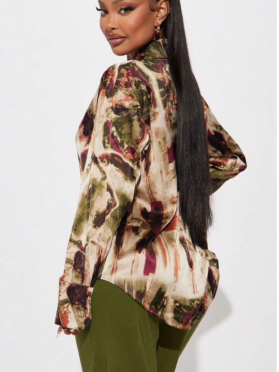 女士抽象涂鸦印花单排扣长袖衬衫，休闲优雅的春夏衬衫，适合晚间约会、旅行等场合。 - 彩色 - 查看 1