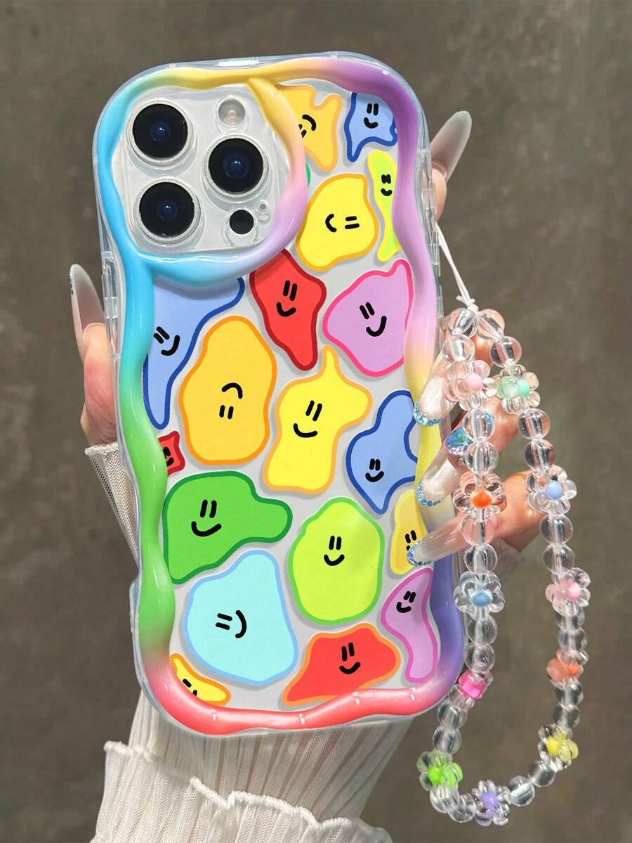 1pc Smiling Face Printed Cream Wavy Edge Bracelet Strap Shockproof Thick Phone Protective Case, Compatible With IPhone 17/17 Pro/17 Pro Max, 16 XR/7/8, 15 Pro Max, 13 Pro Max, 14 Pro Max, 13, 14, 11, 12 Pro Max, P14, P11, P12, XS, XR, 7/8 Plus, Compatible With Redmi 10, Compatible With Redmi Note 11 4G, Compatible With Redmi 11 Lite, A53, A14, A23, S23 Ultra, S24, A14, A15, S23, A73, A55, A54,International Version, Not The Domestic Version - Multicolor - View 1