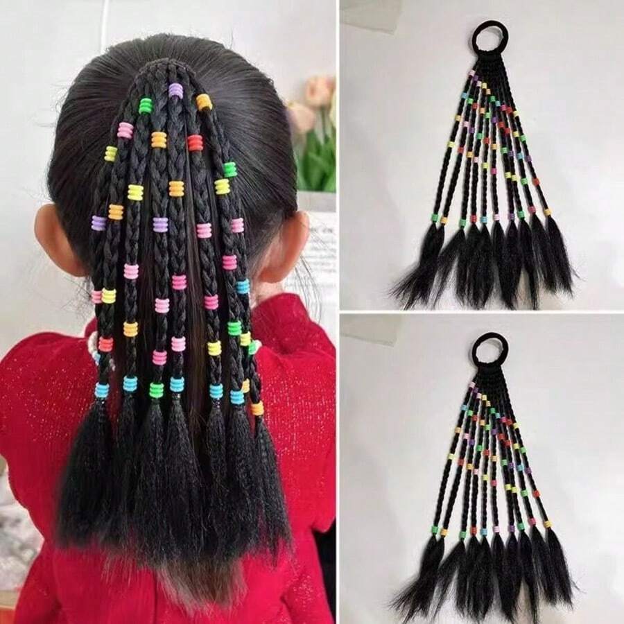 Children's Short Ponytail Wig With Colored Beads Hand Woven Braid Hair Accessory For Kids