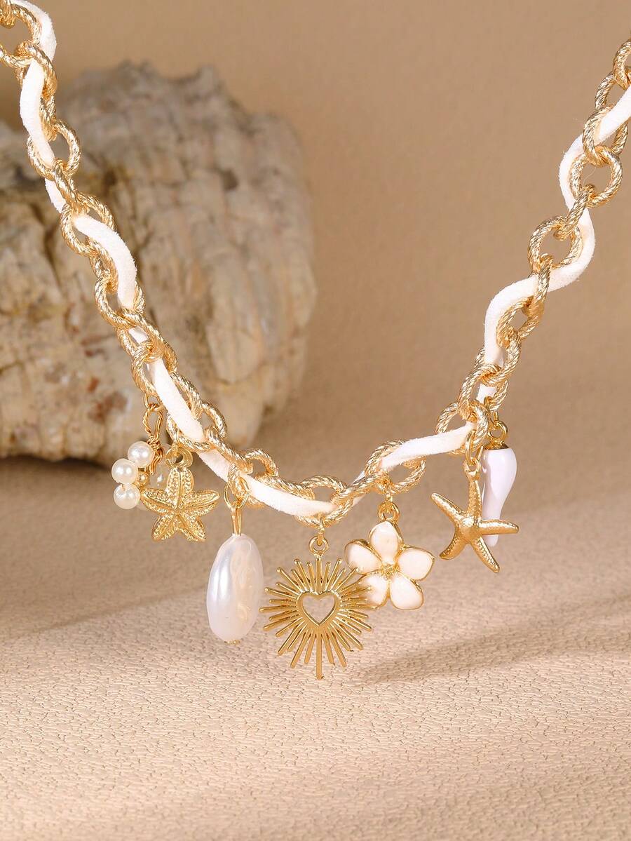 1件 女孩花朵、珍珠、海星沙滩/海洋主题珍珠海星吊坠项链 - 彩色 - 查看 1