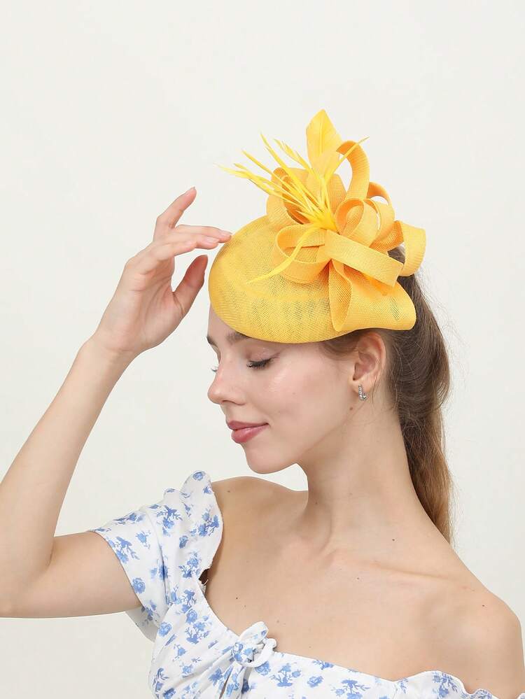 1 pièce Chapeau de style bohème élégant de palais de style avec nœud, coque de couleur unie, voile en polyester avec plumes. Convient pour les courses, enterrement de vie de jeune fille, mariage, fête de Noël, garden party - Multicolore - Voir 25