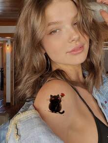 STARTTOOS 12张3D可爱黑猫临时纹身贴纸，玫瑰花和猫咪图案，适合生日派对、生日礼物、角色扮演，防水持久3-5天 - 黑色 - 查看 3