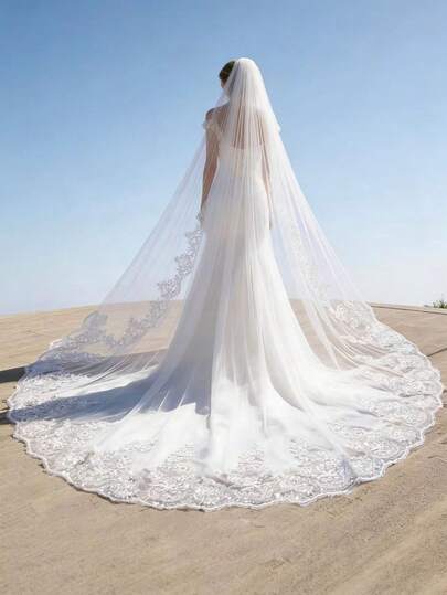 1pc Bridal Wedding Long Tail Veil, Lace Sequin Floral Trim Headpiece, Wedding Dress Accessory, Suitable For Photo Studio, 3 Meters*3 Meters With Hair Comb