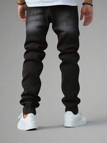 Men's Streetwear Black Washed Heavy Ripped Frayed Distressed Jeans - Skinny Stretchy Fit Destroyed Denim Pants - 黑色 - 查看 3