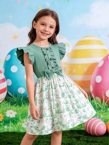 Young Girl Summer Fresh Mint Green Cap Sleeve Dress, Rabbit Print Cinched Waist Bow Design, Cute Sweet Girls A-Line Skirt - Green - View 3