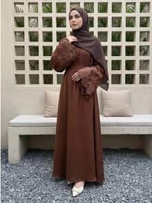 1pc Women's A-Line Sleeve Lace Arabic Traditional Solid Color Eid Al-Fitr Holiday Casual Jalabeya Robe Robe Spring - Coffee Brown - View 1