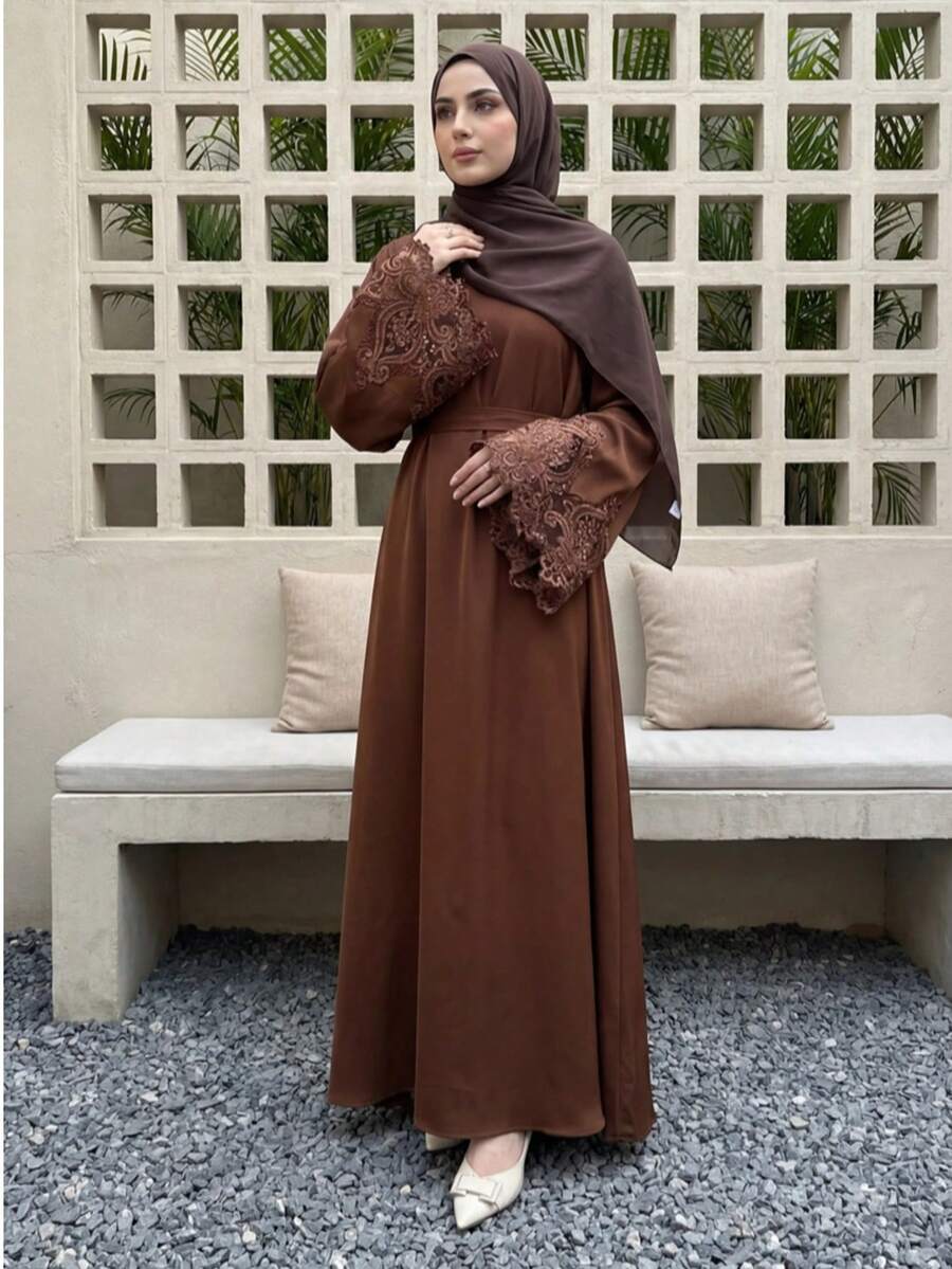 1pc Women's A-Line Sleeve Lace Arabic Traditional Solid Color Eid Al-Fitr Holiday Casual Jalabeya Robe Robe Spring - Coffee Brown - View 1