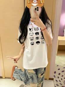 女士休闲宽松卡通狗印花圆领短袖纯棉T恤，夏季 - 白色 - 查看 3