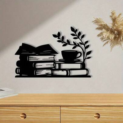 1件复古金属墙饰 - 书籍雕像墙面装饰，粉末涂层铁艺，适用于图书馆和家居装饰，是送给书虫的完美礼物，节日主题（圣诞节、万圣节、感恩节），书架装饰