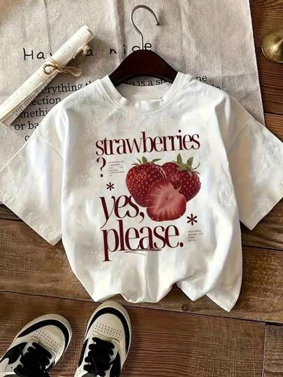 Mujer002 Camiseta de Mujer Casual Versátil  Cómodo y Elegante Camisa infantil con diseño de frambuesas "strawberries? yes, please." que es perfecta para los amantes de la fruta y el estilo casual