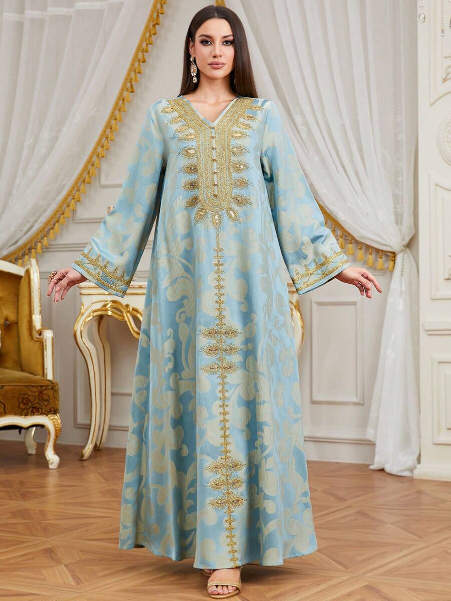 Đầm Kaftan dài thanh lịch dành cho nữ, cổ chữ V, tay dài, thêu jacquard, thích hợp cho tháng Ramadan, các bữa tiệc, ngày lễ và các dịp hẹn hò mùa xuân. - Màu xanh lam - Xem 1