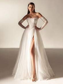 Romantic-Glam Strapless Lace Corset Off-The-Shoulder Long Sleeve Tulle Wedding Dress With High-Thigh Slit, Wedding Dresses For Bride, Elegant And Comfortable, Includes Plus Sizes, Bridal Gown, Formal Dresses For Women, Suitable For Wedding, Party, Vacation, Bride, Formal Occasions, Dinner Dress, Prom Dress, After-Party Dress, Homecoming Dress, Cocktail Party, Birthday Party, Celebration, Gala, Festival, Ceremony - 白色 - 查看 2