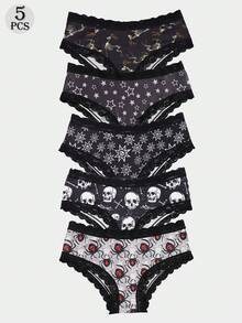 Dircho 5pcs Women's Edgy Print Briefs Set & Skeleton Deer & Star & Skull & Spider Pattern & Black Lace Trim & Soft Fabric & Dark Tone Scheme & Daily Comfort Underwear & Bold Casual Style - Multicolor - View 1