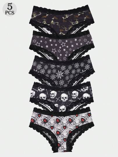 Dircho 5pcs Women's Edgy Print Briefs Set & Skeleton Deer & Star & Skull & Spider Pattern & Black Lace Trim & Soft Fabric & Dark Tone Scheme & Daily Comfort Underwear & Bold Casual Style
