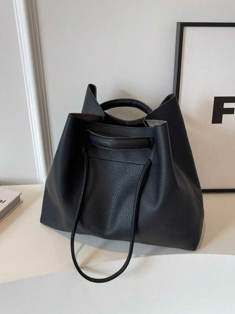 1 pièce Sac à main vintage grande capacité à double usage, sac bandoulière, sac coquille polyvalent pour navette, fourre-tout décontracté avec sangle réglable pour femmes - Noir - Voir 4