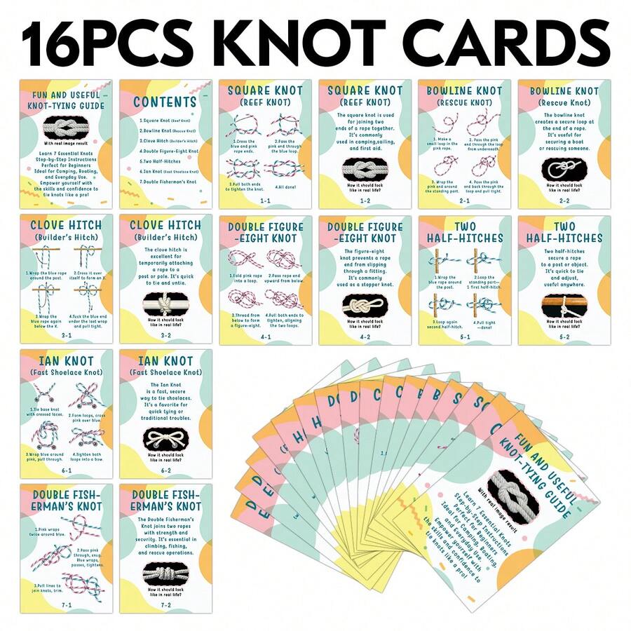 16pcs Outdoor Knots Guide Cards - 7 Essential Konts - Knot Tying Cards With Step-By-Step Illustration - Perfect For Camping, Backpacking, & Scouting Scenarios, Gift For Beginners - Multicolor - View 1