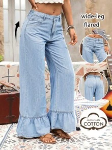 Quần jeans ống rộng xếp ly, quần denim xanh dáng rộng thoải mái, phong cách nghỉ dưỡng, thích hợp cho những buổi đi chơi thường ngày, du lịch vào mùa xuân, hè, thu và đông. - Màu xanh lam - Xem 2