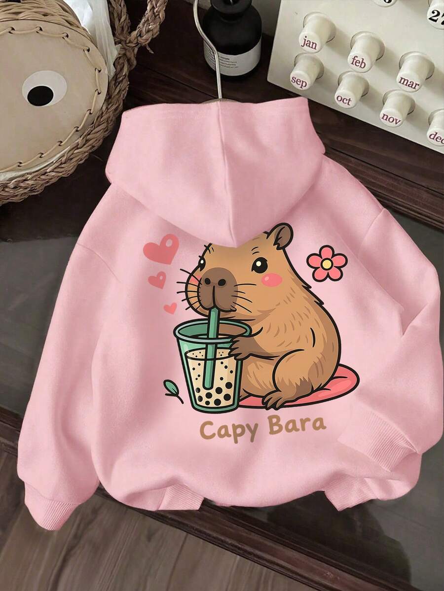1 pieza Sudadera casual con estampado para niñas preadolescentes, forrada térmica, manga larga, ropa de estudiante para otoño/invierno - Rosa - Ver 1