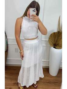 Women's Knit Set: Cropped Top SOFIA White, Long Lace Skirt, Women's Dress - Chic Summer Look - 白色 - 查看 2